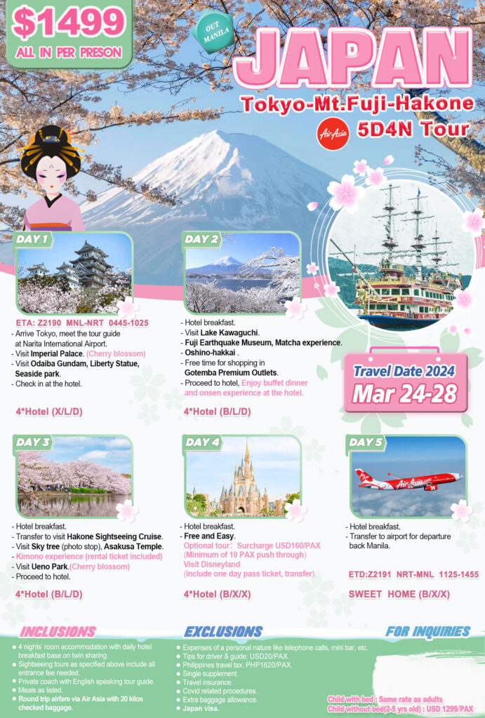 Tokyo-Mt.Fuji-Hakone 5D4N Tour 2024